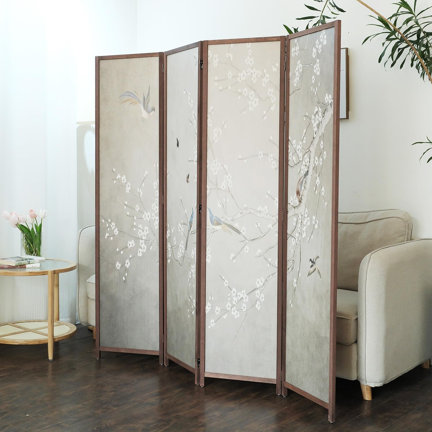 4 Panel Room Divider Screen,Double Faced Blackout Panel Divider Folding Panel Screen Divider for Room Separation,Plums and Birds,67" H x 63" W
