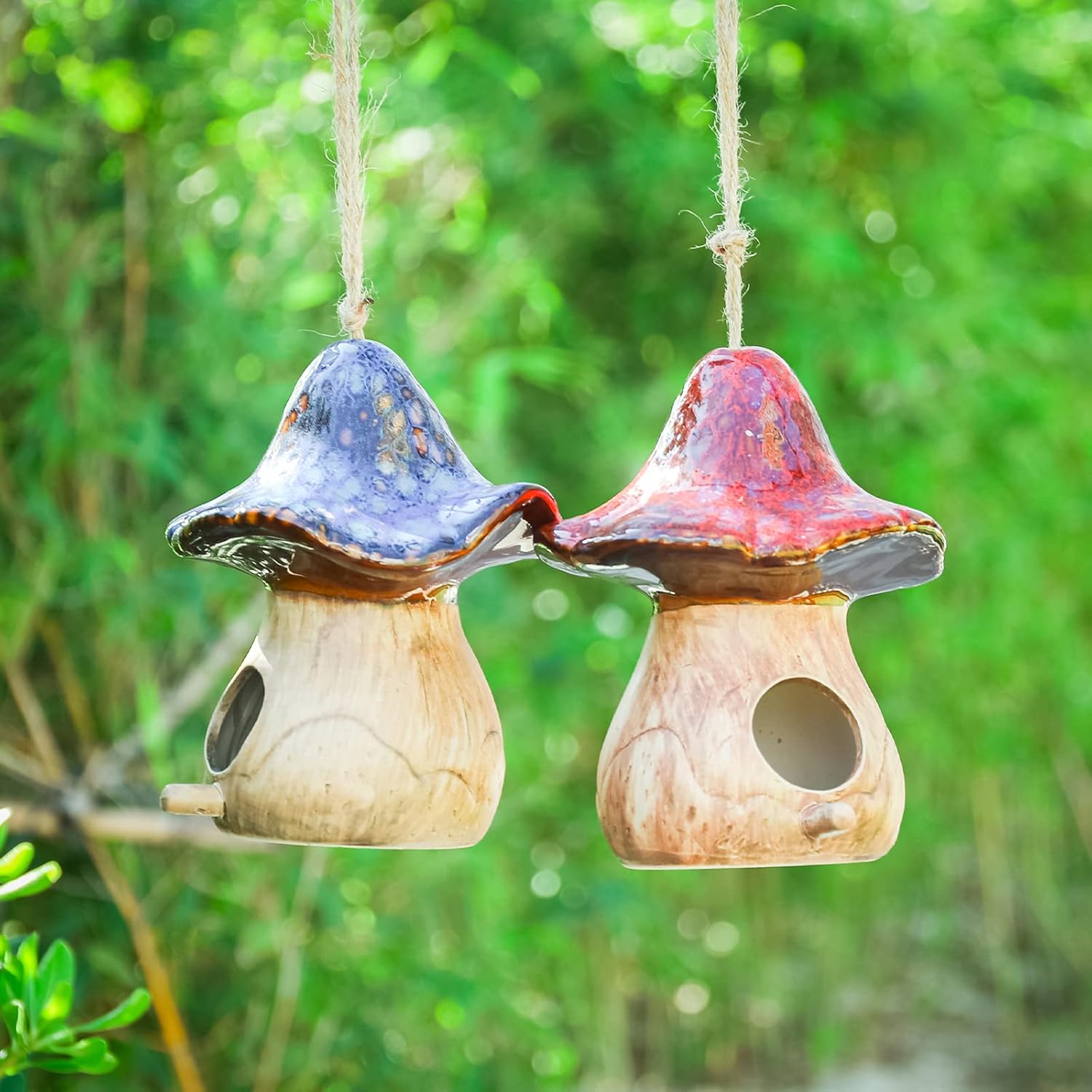Yinns Birdhouses - Hanging Bird House, Set of 2 Bird Houses for Outside, Decorative Mushroom Bird House Blue and Red Ceramic Birdhouses for Wild Birds, Finch, Cardinal, and Bluebird