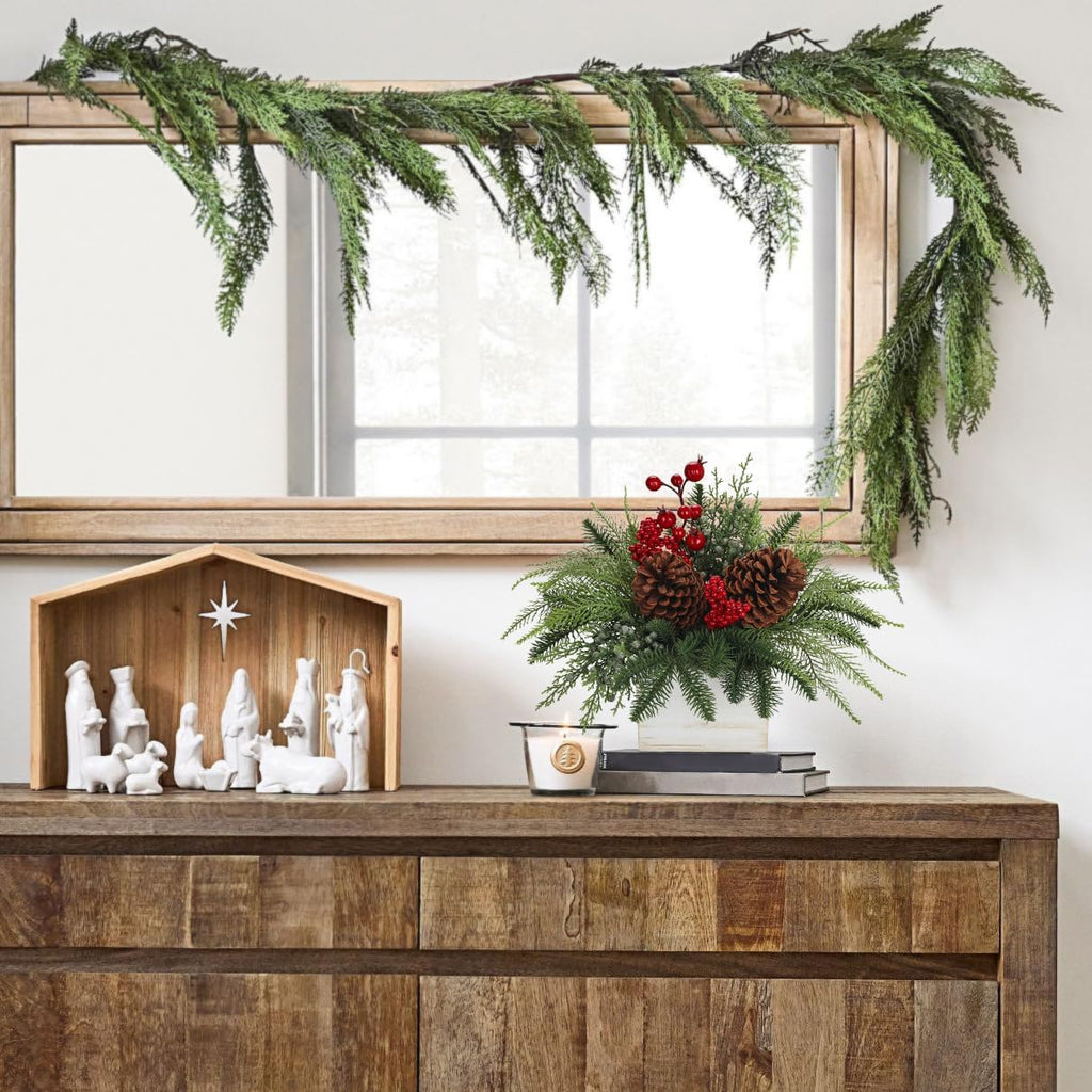 Christmas Centerpieces Table Decorations 10" Small Artificial Potted Christmas Tree Norfolk Pine Plants with Red Berry Pine Cones in Wooden Pot for Home Winter Xmas Mantel Farmhouse Indoor Decor