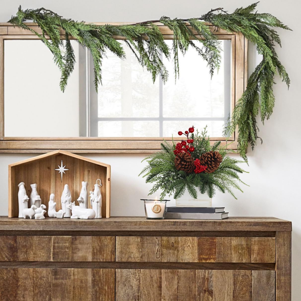 Christmas Centerpieces Table Decorations 10" Small Artificial Potted Christmas Tree Norfolk Pine Plants with Red Berry Pine Cones in Wooden Pot for Home Winter Xmas Mantel Farmhouse Indoor Decor