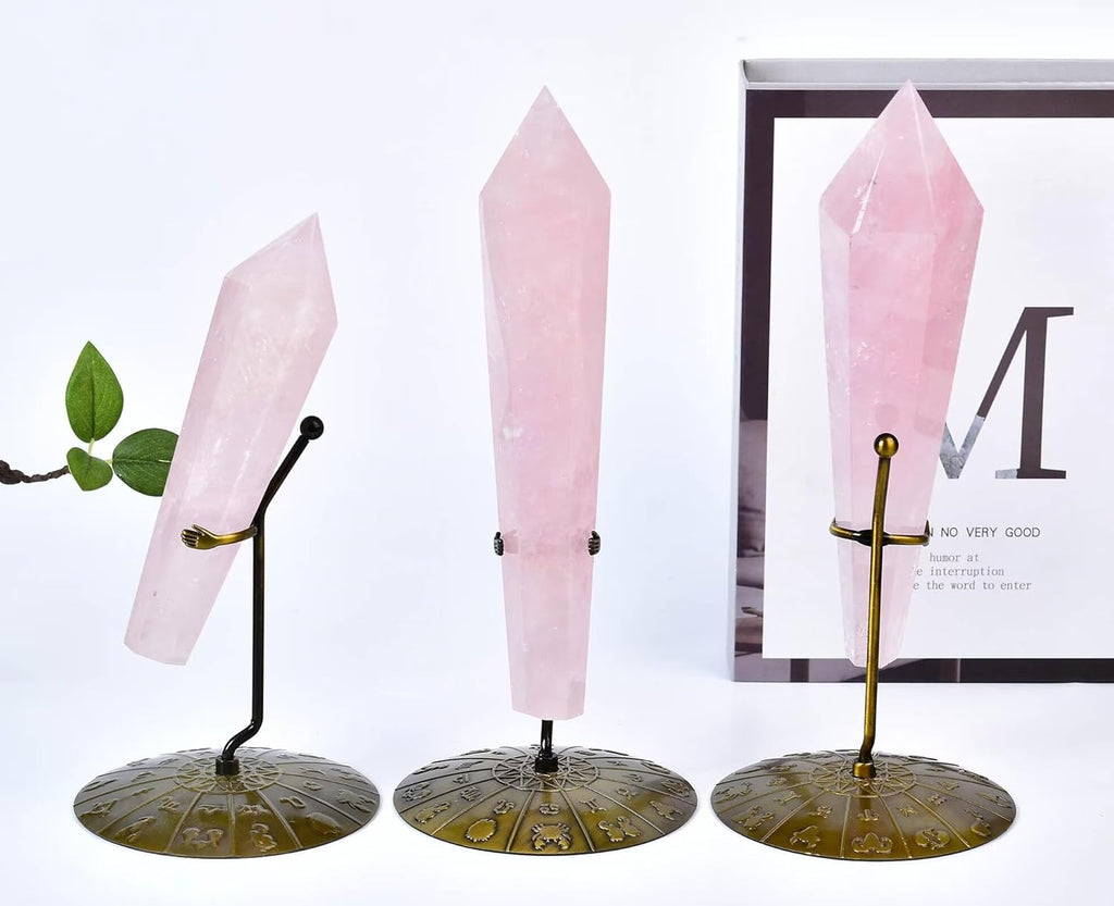 Rose Quartz Wand Point Long Healing Crystal Scepter Decorative Stone Reiki Meditation with Display Stand Home Office Decor 0.8-1.1LBS