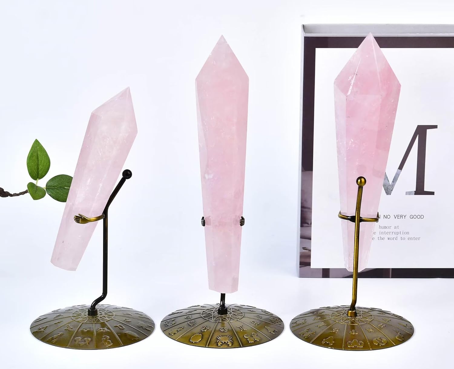 Rose Quartz Wand Point Long Healing Crystal Scepter Decorative Stone Reiki Meditation with Display Stand Home Office Decor 0.8-1.1LBS