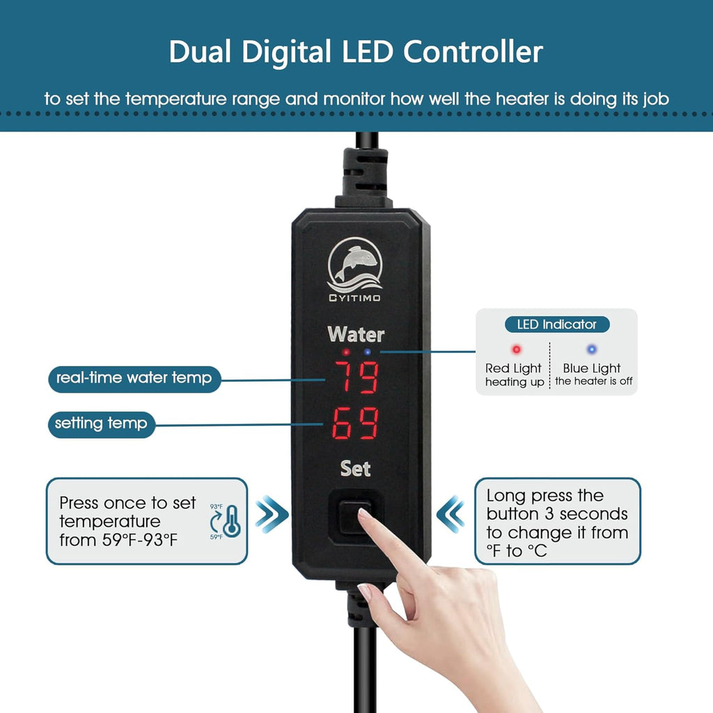 Small Aquarium Heater 50W Submersible Fish Tank Heater for 5-15 Gallons, Dual LED Display Temperature Controller, Suitable for Saltwater and Freshwater, Mini Water Heater for Betta/Turtle Tank