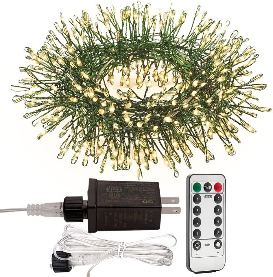 Firecracker Fairy Lights Plug in,50ft 500LEDs Green Wire Cluster String Lights,Waterproof 8 Modes Remote Twinkle Light for Outdoor Indoor Garden Bedroom Christmas Tree Holiday,Warm White