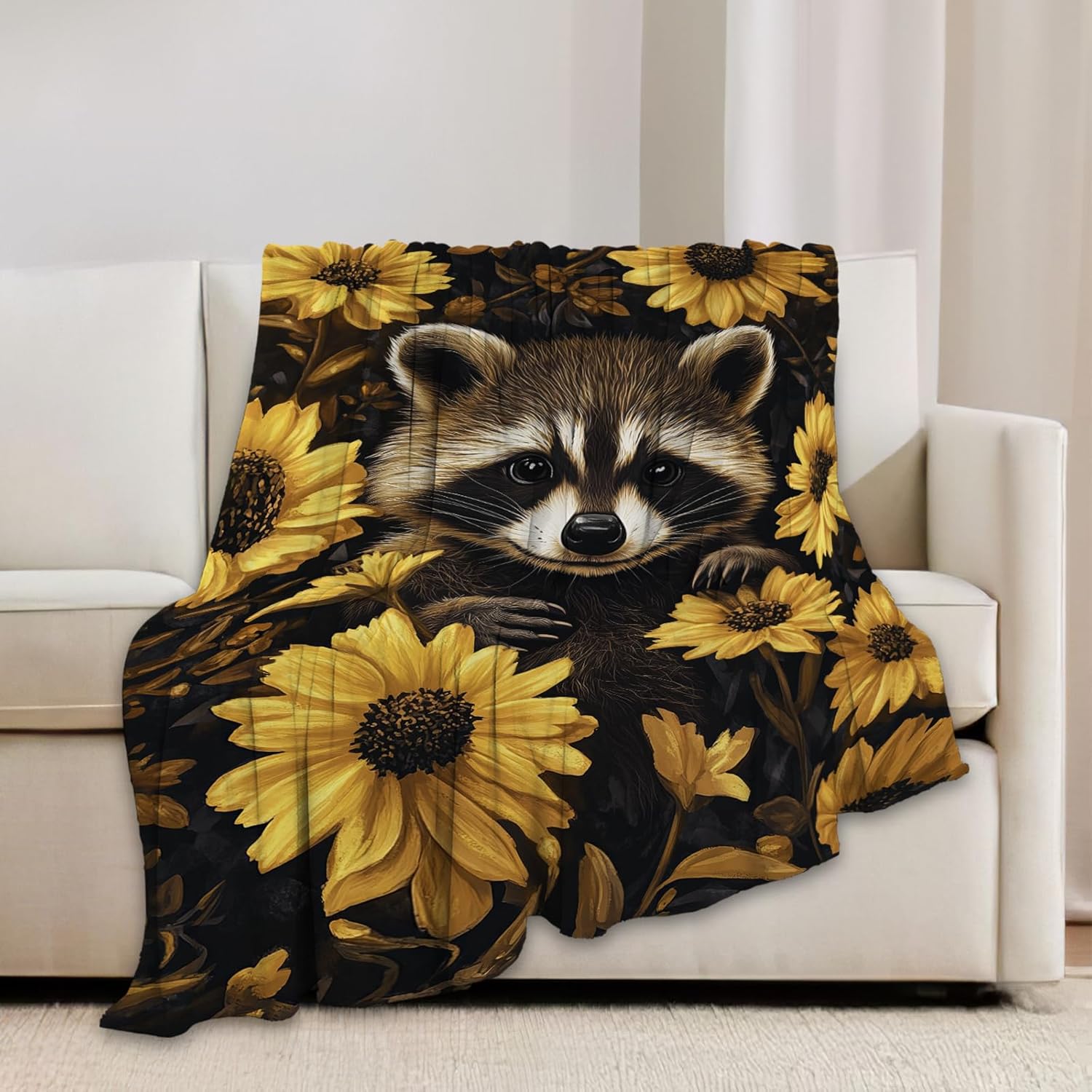Raccoon Blanket Cute Raccoon Lover Floral Animal Throw Blankets Gifts for Girls Boys Kids Soft Cozy Fleece Plush for Couch Sofa Bed 50"x40"