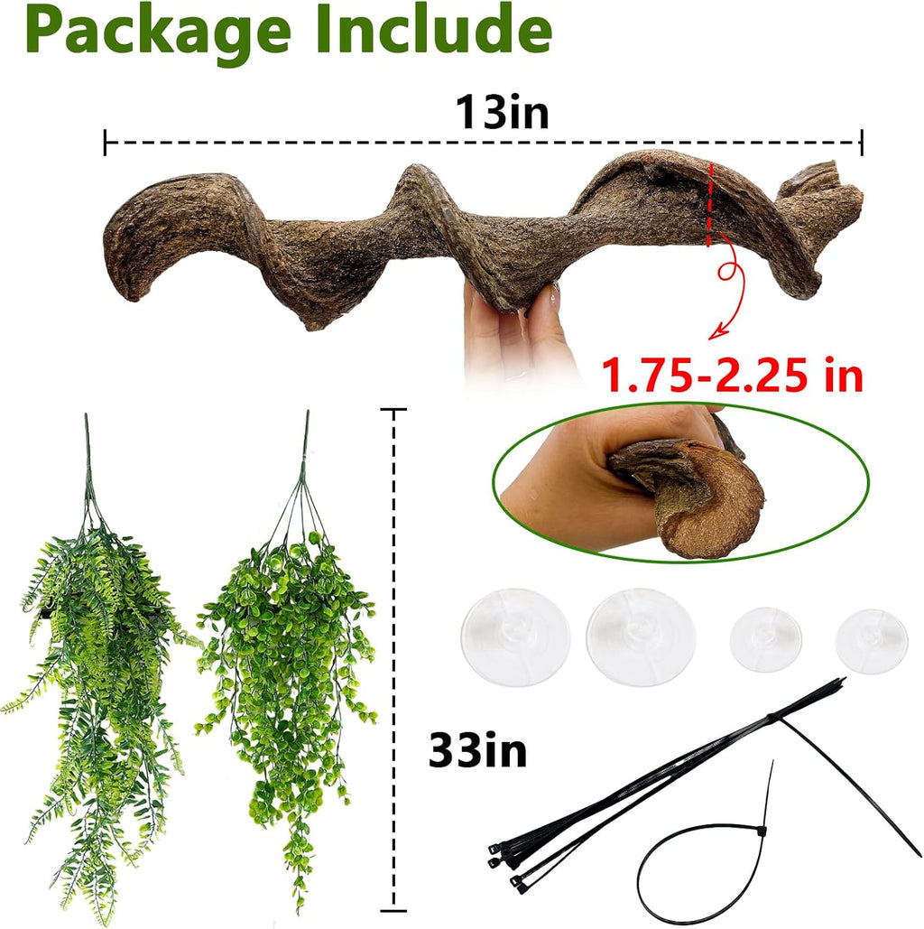 kathson Reptile Corner Branch & Hanging Plants Decor, Bearded Dragons Climbing Vine Branches,Tank Climb Branch with Terrarium Plant Accessories Ornament for Amphibians, Lizards, Snakes, Geckos, Frogs