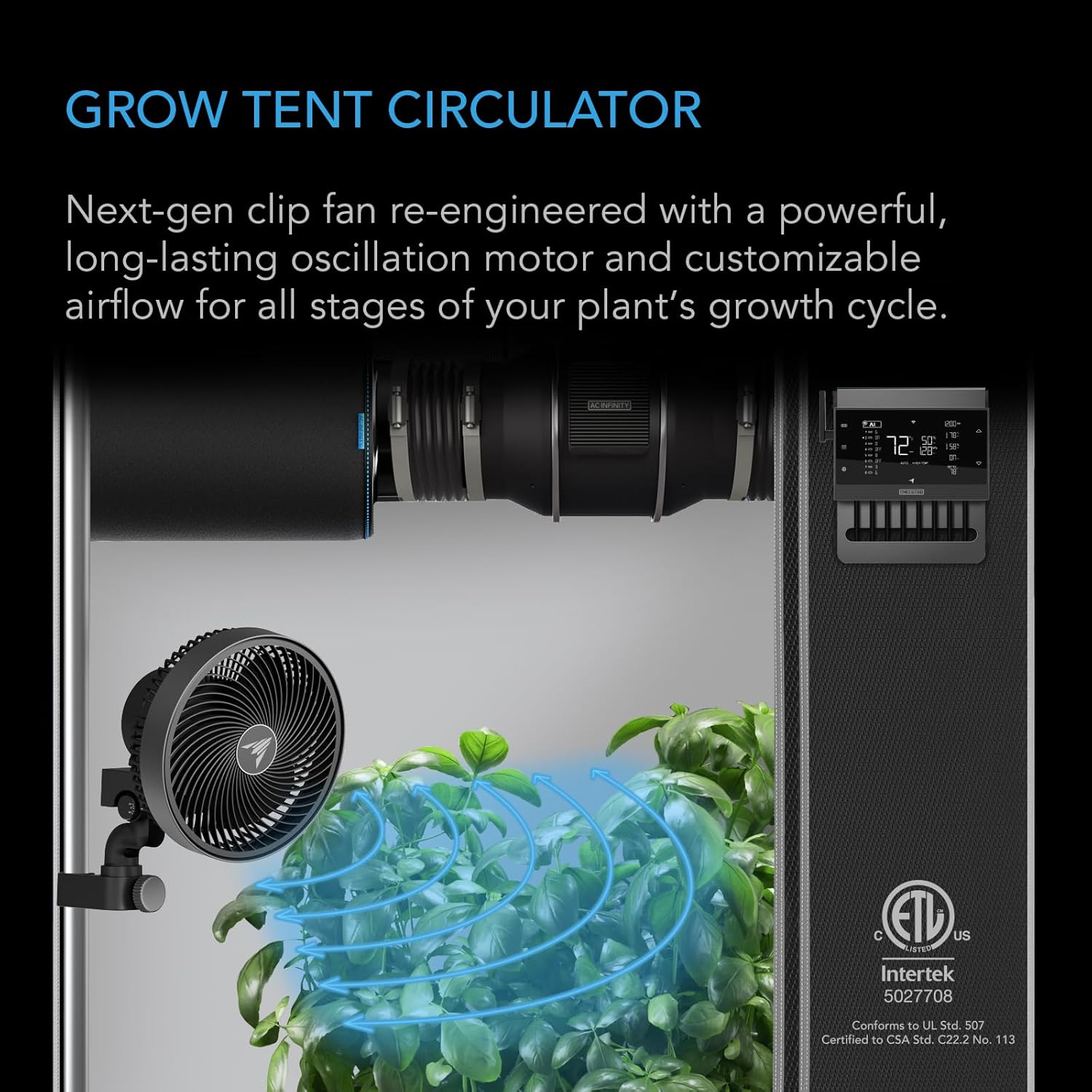 AC Infinity CLOUDRAY S9, Grow Tent Clip Fan 9” with Redesigned Long-Life EC Motor, Custom 10 Dynamic Wind Speeds and 10-Level Oscillation, Weatherproof IP-54, for Hydroponics Circulation Cooling