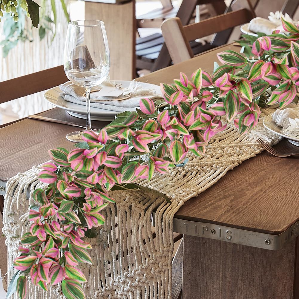 2Pcs 5.6FT Artificial Leaf Hanging Plant Faux Tradescantia Zebrina Garland Plants Fake Vines Leaves Greenery for Boho Wedding Party Front Door Wall Stair Home Decor Pink