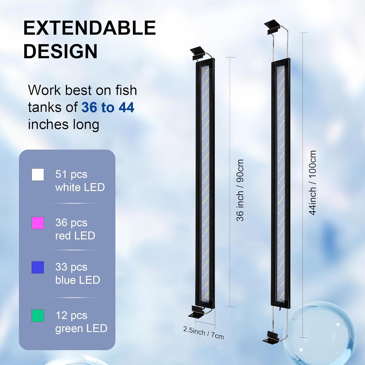 Led Aquarium Light, Full Spectrum Fish Tank Lights, 40 Gallon Freshwater Fishtank Hood Lighting for Grow Fish, Plants, Adjustable from 36 to 44 Inch