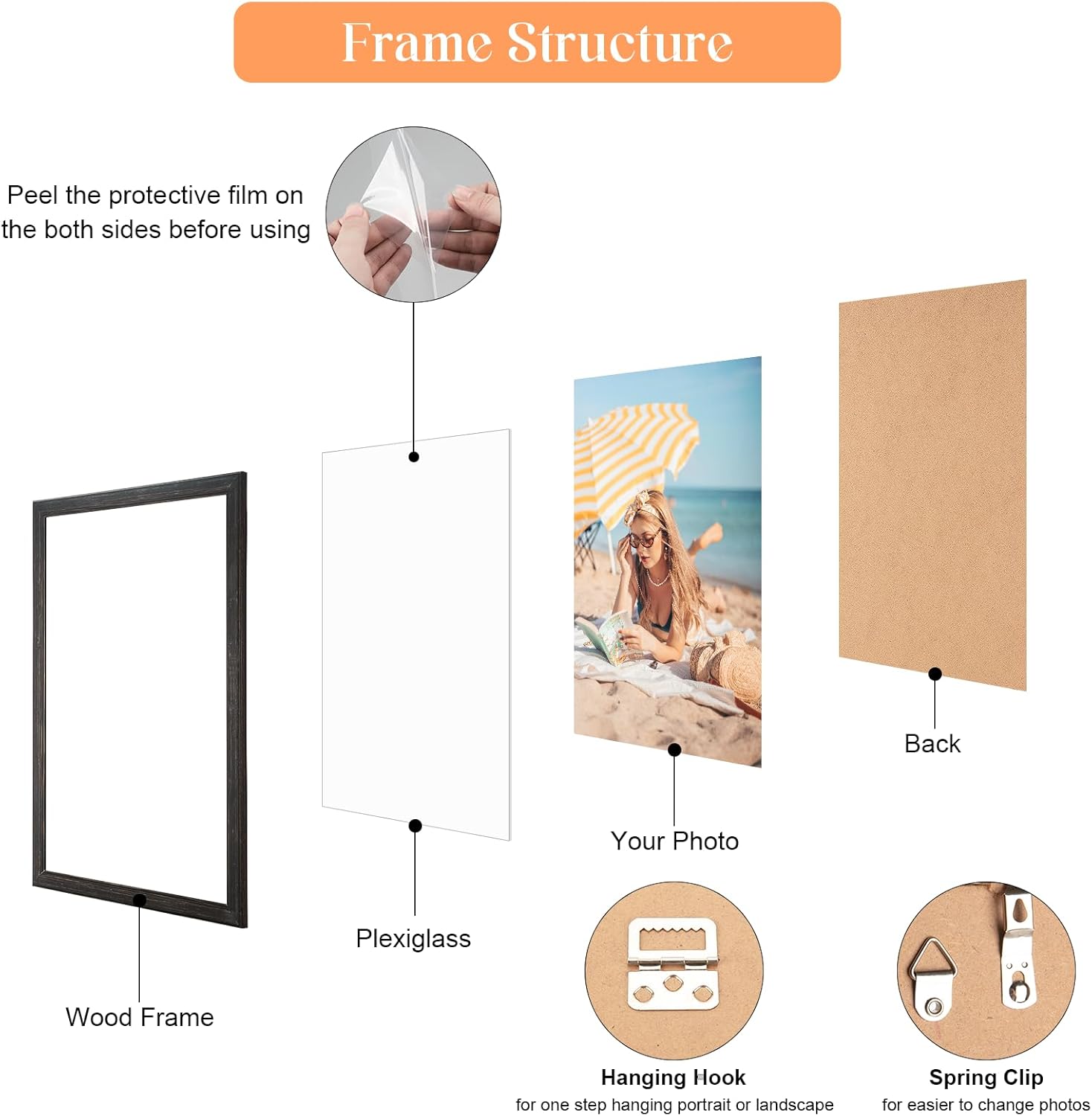 8x10 Wood Frames Set Black, Natural Wooden 10x8in Picture Frames, Modern Golden 8 x 10inch Gallery Photo Pic Frame with HD Plexiglass, Horizontal Vertical Wall Mounting Tabletop Display 1Pcs