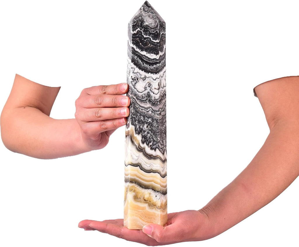 JIC Gem Natural Black and Yellow Calcite Healing Crystal Obelisk Tower 6 Faceted Large Crystal Wand Reiki Chakra Meditation Therapy Decor Crystal Gift 3.5-4.0 Lbs
