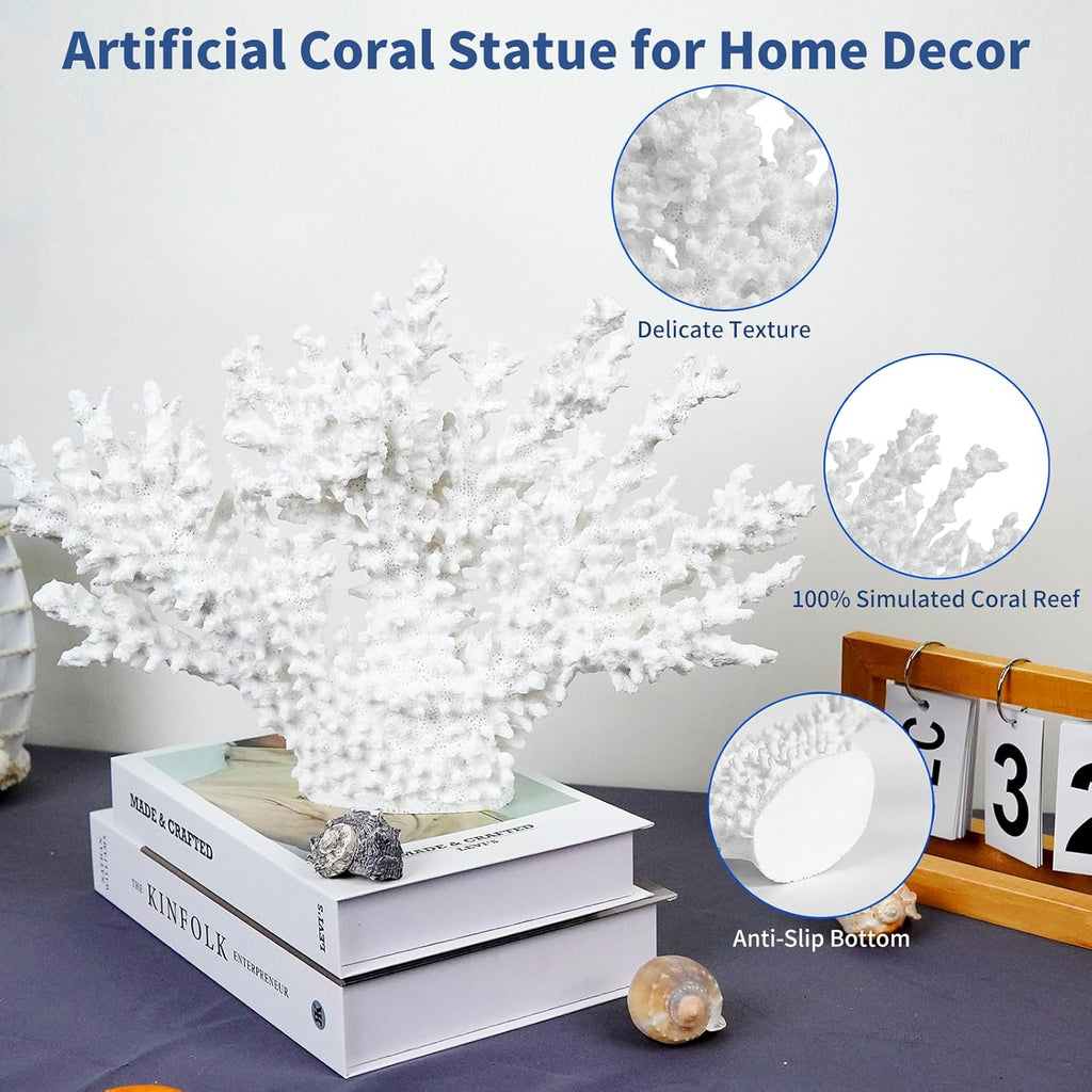 Coral Coastal Decor,13.5'' Width x 10'' High Artificial Resin Coral Reef Statue for Ocean Coastal Beach Nautical Themed Room Bathroom Decor for Home,1008W,White