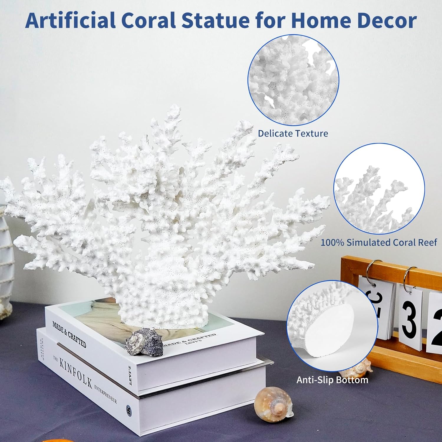 Coral Coastal Decor,13.5'' Width x 10'' High Artificial Resin Coral Reef Statue for Ocean Coastal Beach Nautical Themed Room Bathroom Decor for Home,1008W,White