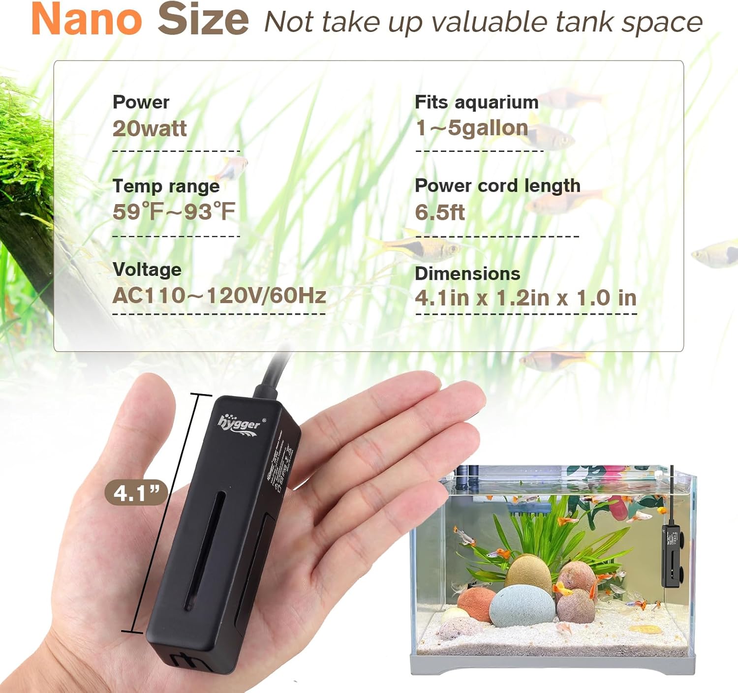 hygger Mini Fish Tank Submersible Heater 20W for 1-5 Gallons Desktop Betta Aquarium Heater with Digital Display Controller Adjustable Temperature