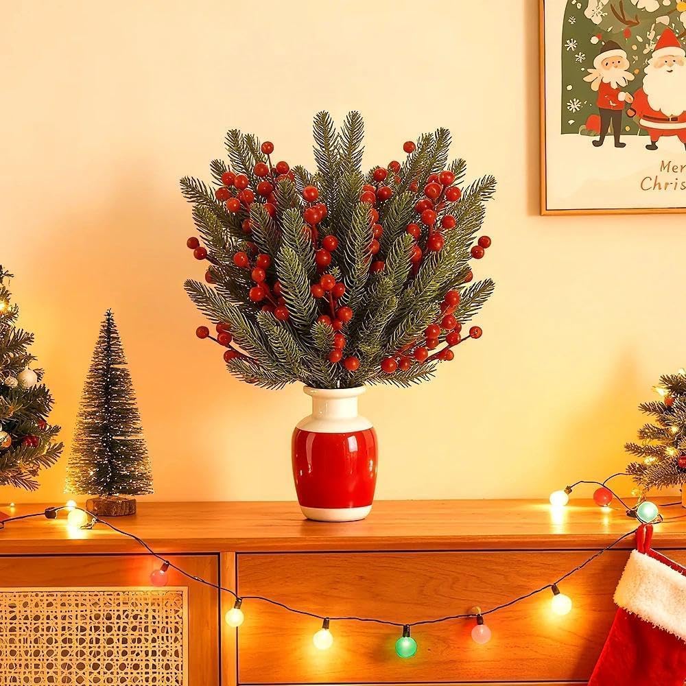 40 Pcs Artificial Green Pine Branches Holly Red Berry Stems Fake Norfolk Needles Picks Christmas Tree Decoration Xmas Wreath Decor Accessories