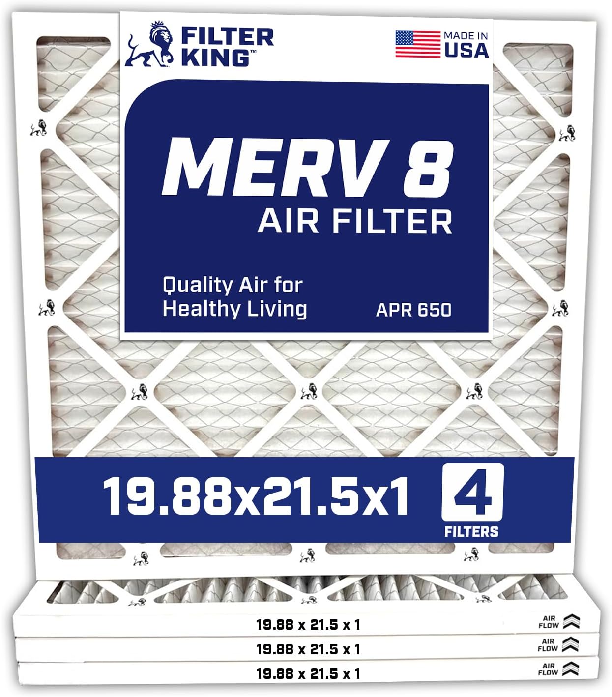 Filter King 19.88x21.5x1 Air Filter | 4-PACK | Carbon MERV 8 HVAC Pleated A/C Furnace Filters | MADE IN USA | Actual Size: 19.88 x 21.5 x .75"