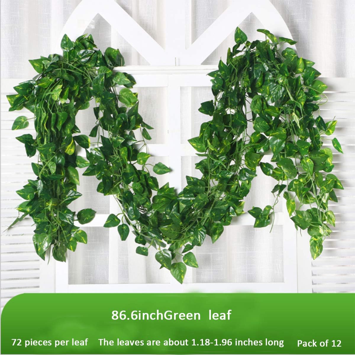 Epipremnum Aureum Leaves, Green Vines Fake Plant Vine Leaves, Hanging Fake Vine Leaves, Home Kitchen Garden Office Wedding Wall Decor (Pack of 12 86 Inch Fake Plants)