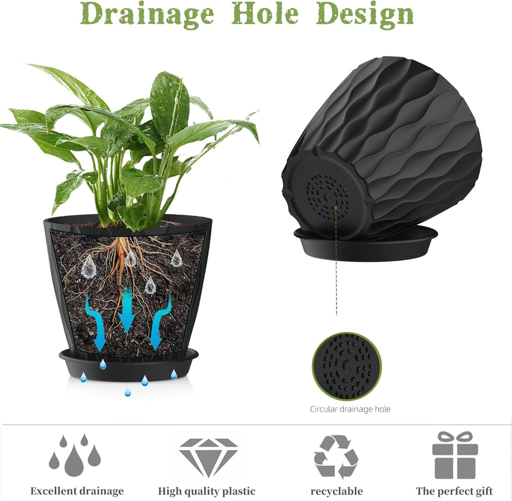 5 Inch Planter Pots, 6 Pack Indoor Planters, Small Flower Pots with Drainage Holes and Tray for Succulents, Orchids, Herbs and Other Indoor Plants,Black