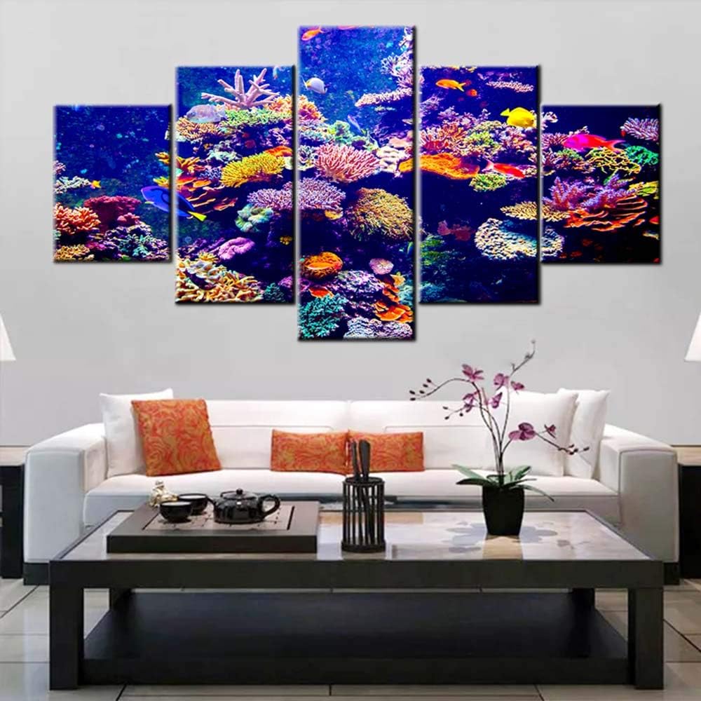 Ocean Wall Art for Living Room Coral Reef Pictures Underwater World Paintings Multi Panel Printed on Canvas Purple Blue Artwork Home Aquarium Modern Decor Framed Giclee Ready to Hang(60''Wx32''H)