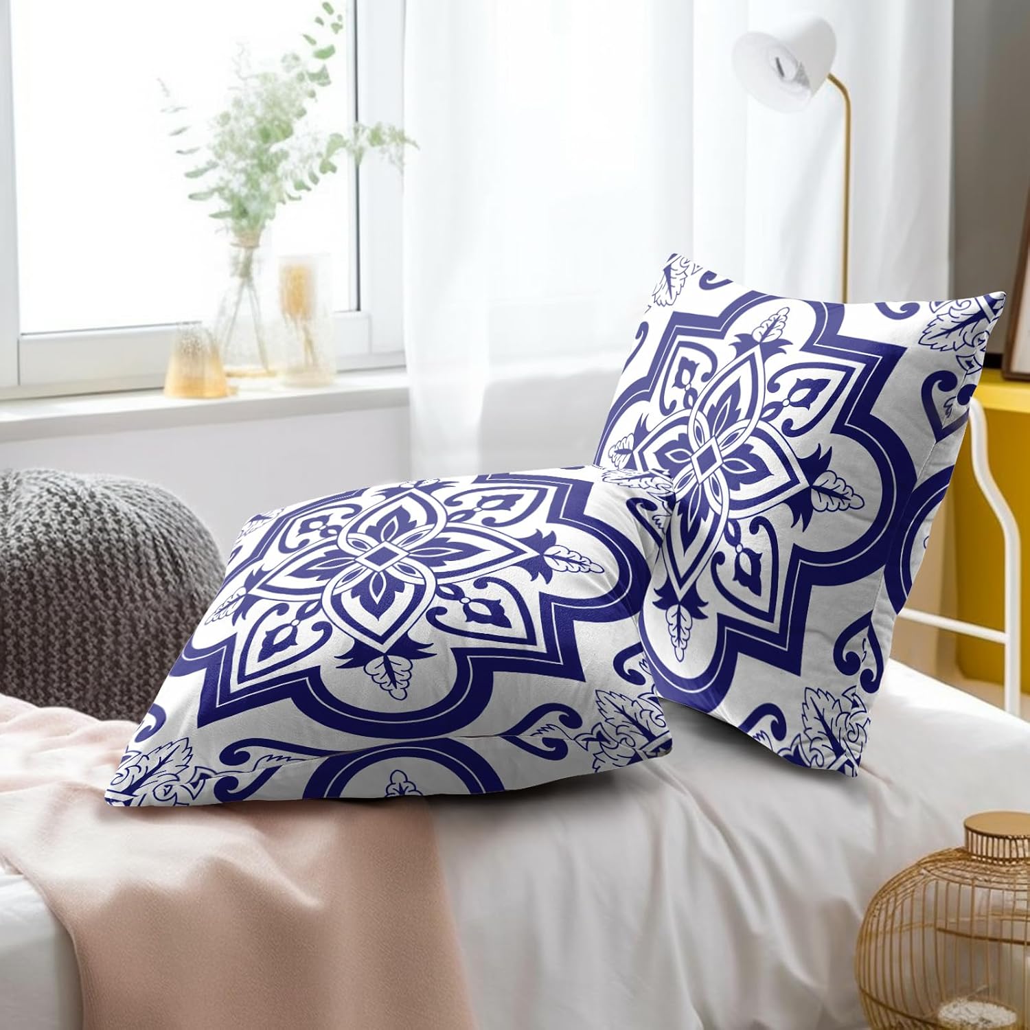 Blue-White Geometric Floral Throw Pillowcases Set of 2 All-Season Soft Pillow Covers with Hidden Zipper,Durable for Sofa Bed Car Decor & Gift 18x18Inch
