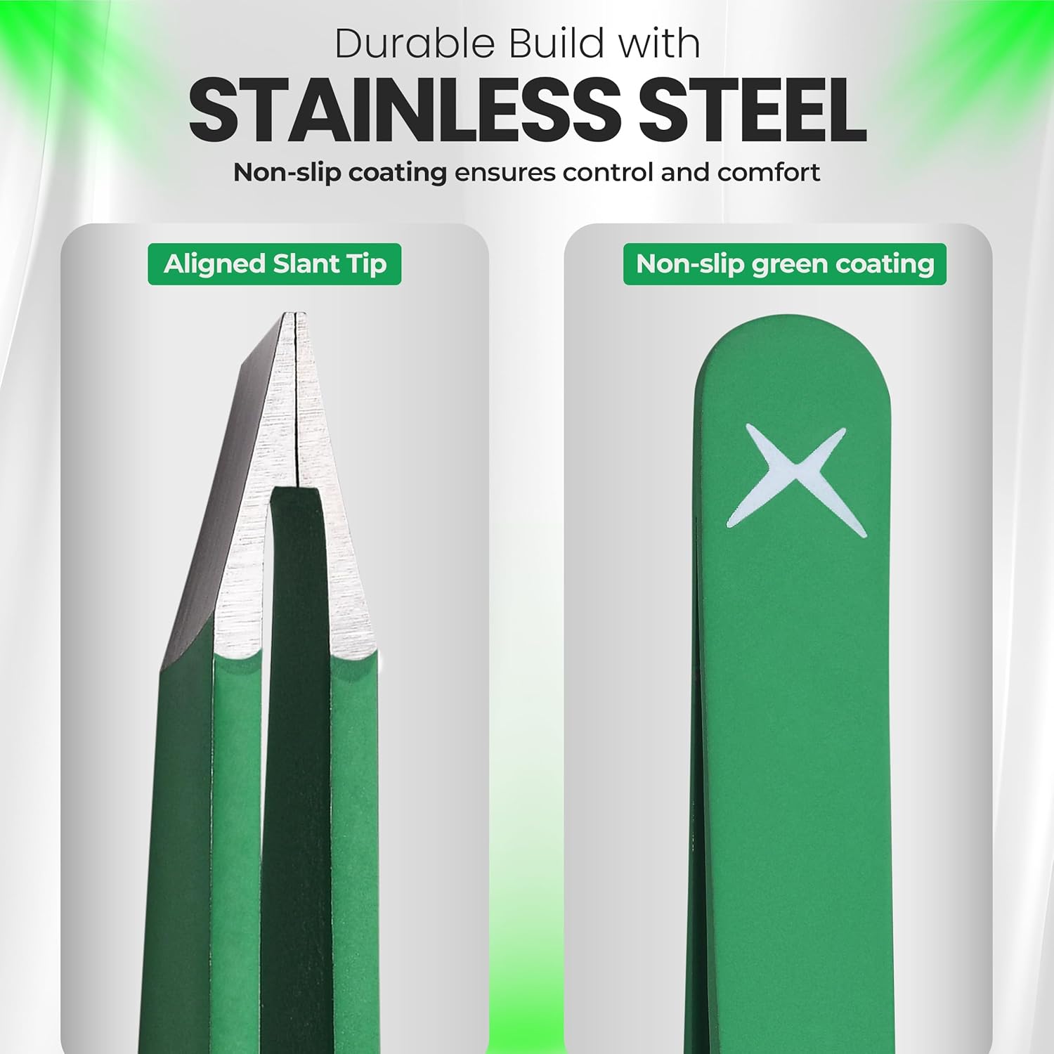 Slanted Stainless Steel Tweezers for Men & Women - Precision Eyebrow Tweezers for Facial Hairs, Strong Grip, Fine Tip, Professional Tweezer for Plucking & Grooming (Matte Forest Green)