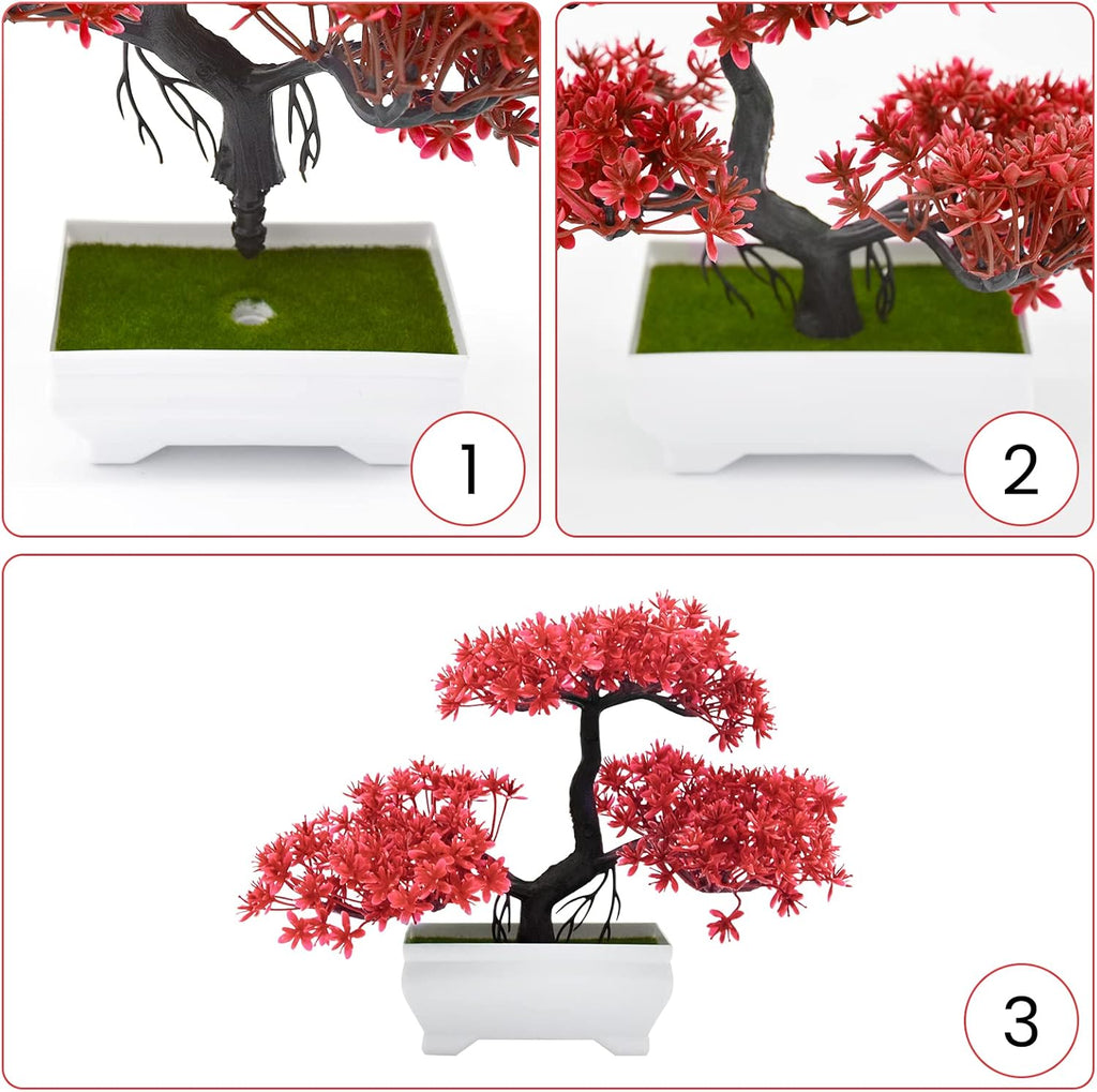 Mini Artificial Bonsai Tree Plants with Plastic Cement Pots for Home Office Décor(Red)