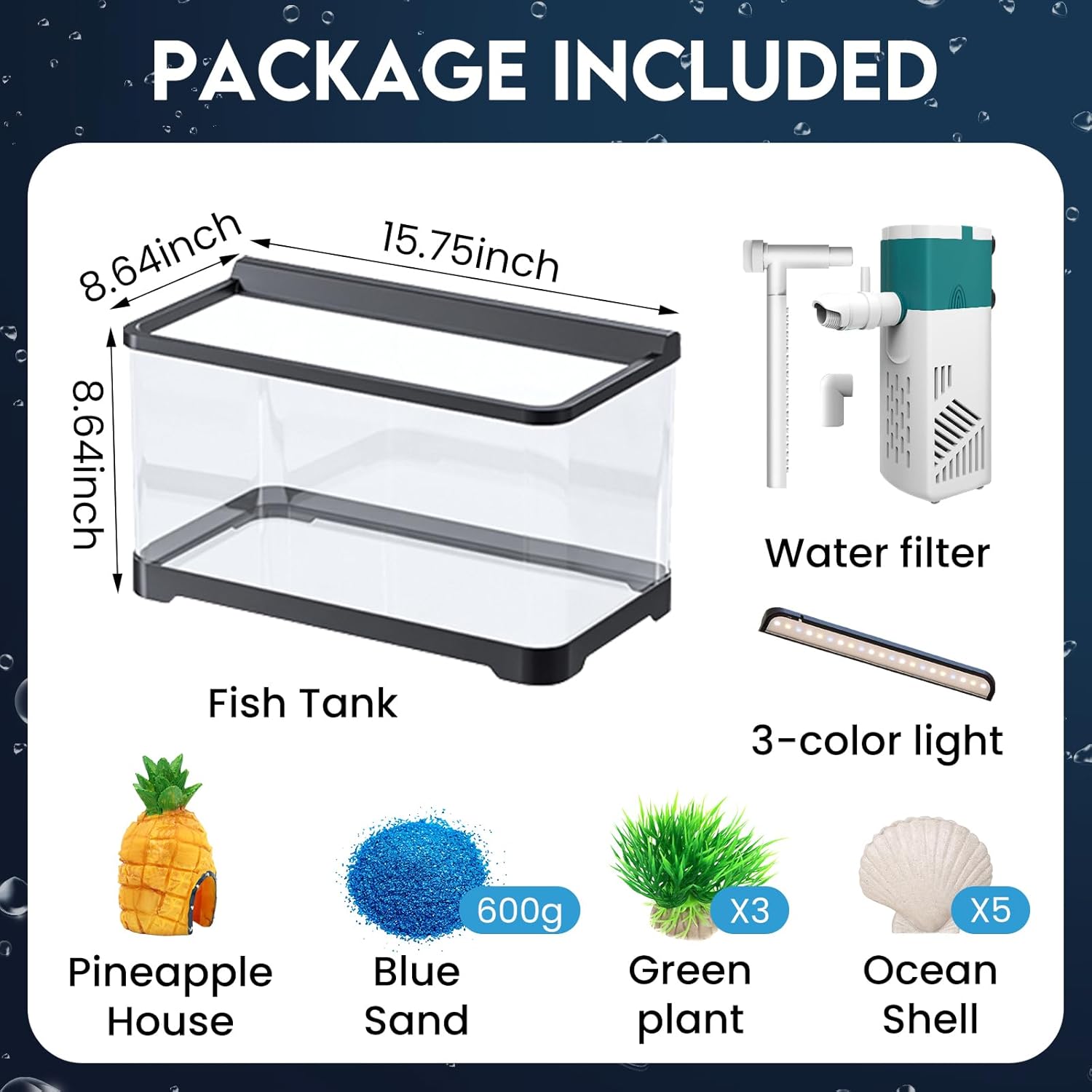 LED Aquarium Fish Tank Kit,（Light + Filter + Green Plants + Blue Sand + Pineapple Houses + Shells） Black, 4.5 Gallon (Now)
