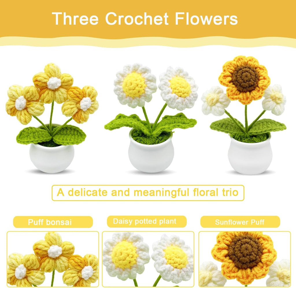 3pcs Crochet Flowers Cute Potted Flower,Mini Flower Bouquet for Mom Wife, Cute Desk Decor for Women,Artificial Handmade Flowers for Car Dashboard,Home Office Decoration (Color#6)