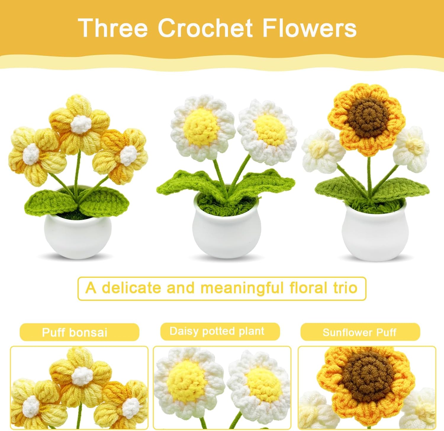 3pcs Crochet Flowers Cute Potted Flower,Mini Flower Bouquet for Mom Wife, Cute Desk Decor for Women,Artificial Handmade Flowers for Car Dashboard,Home Office Decoration (Color#6)