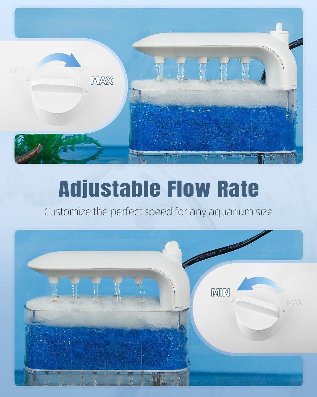 Pawfly 106 GPH 5 W Turtle Tank Filter, Low Water Level Turtle Filter for 5-30 Gallon Tanks, Ultra Quiet Adjustable Internal Filter for Turtle Tanks, Mechanical & Bio-Filtration Turtle Water Filter