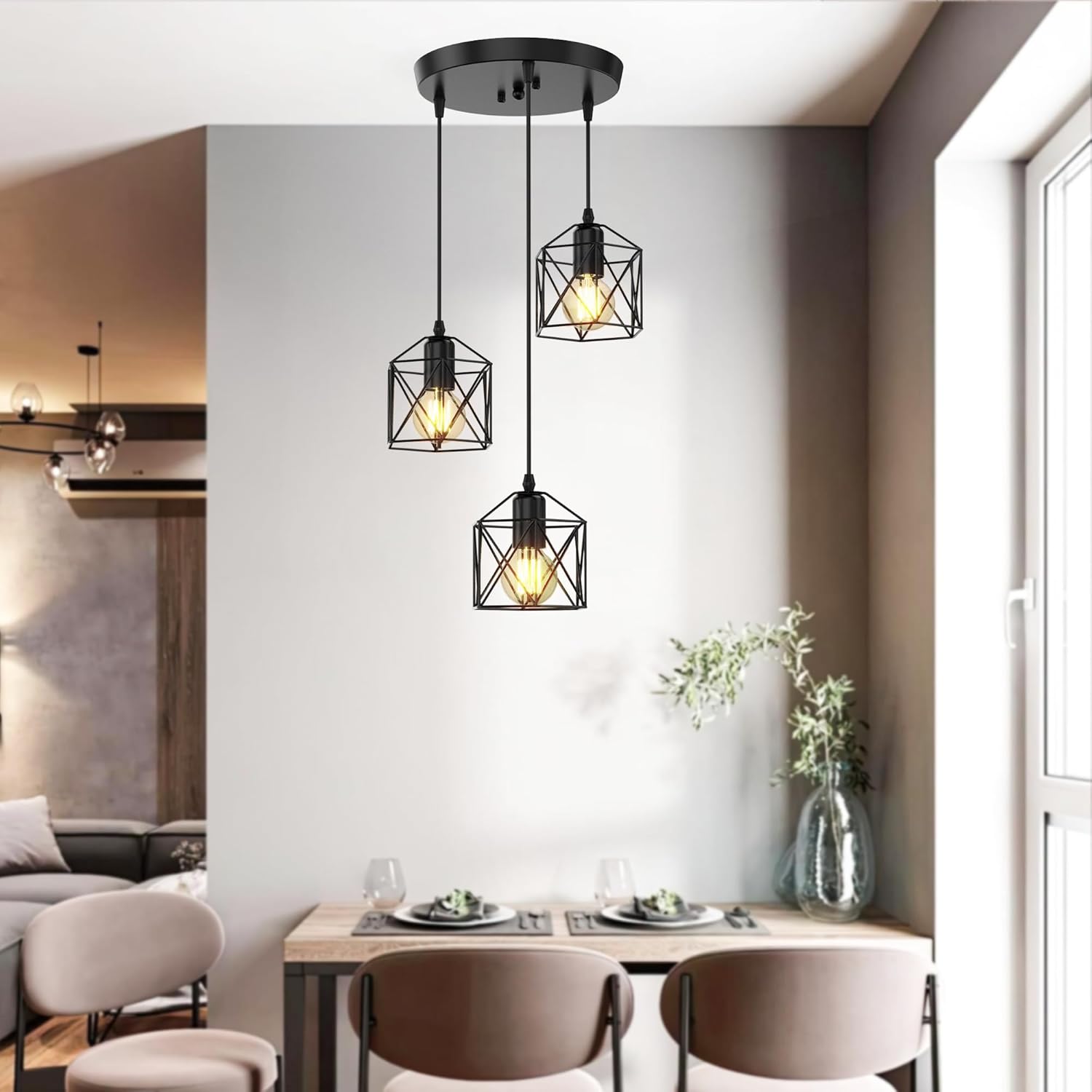 3-Light Pendant Lighting, Farmhouse Hanging Light Fixture for Kitchen Island & Dining Room, Industrial Vintage Ceiling Lamp with E26 Base, Adjustable Height, Matte Black