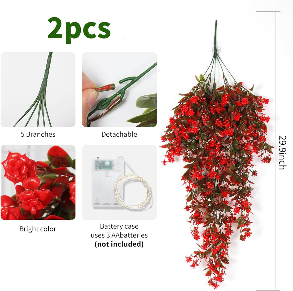 RECUTMS Faux Hanging Plants 2 Pack Hanging Flowers Artificial Decor Greenery Fake Vines with Lights Strings Plastic Flowers Artificial Ivy Leaves Long Stem for Porch Patio Kitchen (Red)