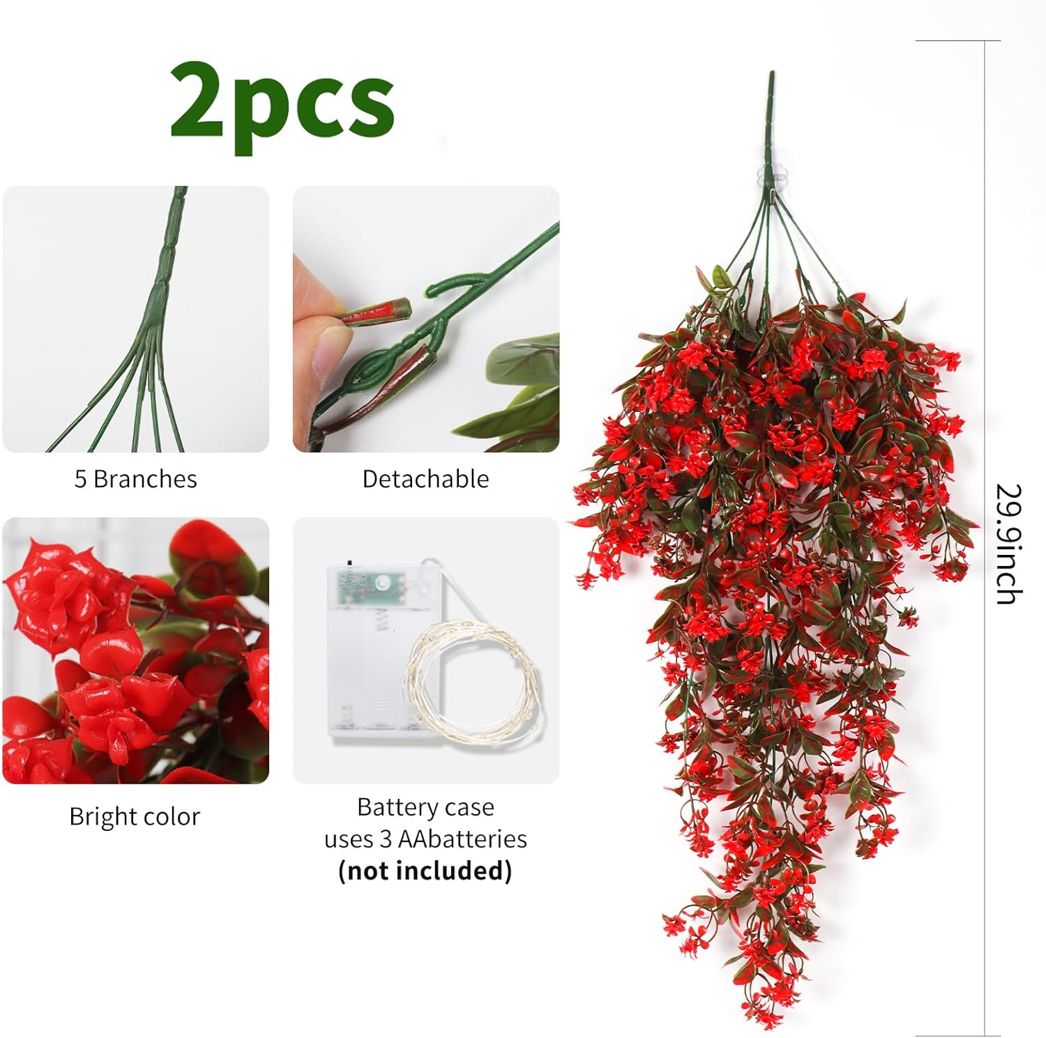 RECUTMS Faux Hanging Plants 2 Pack Hanging Flowers Artificial Decor Greenery Fake Vines with Lights Strings Plastic Flowers Artificial Ivy Leaves Long Stem for Porch Patio Kitchen (Red)