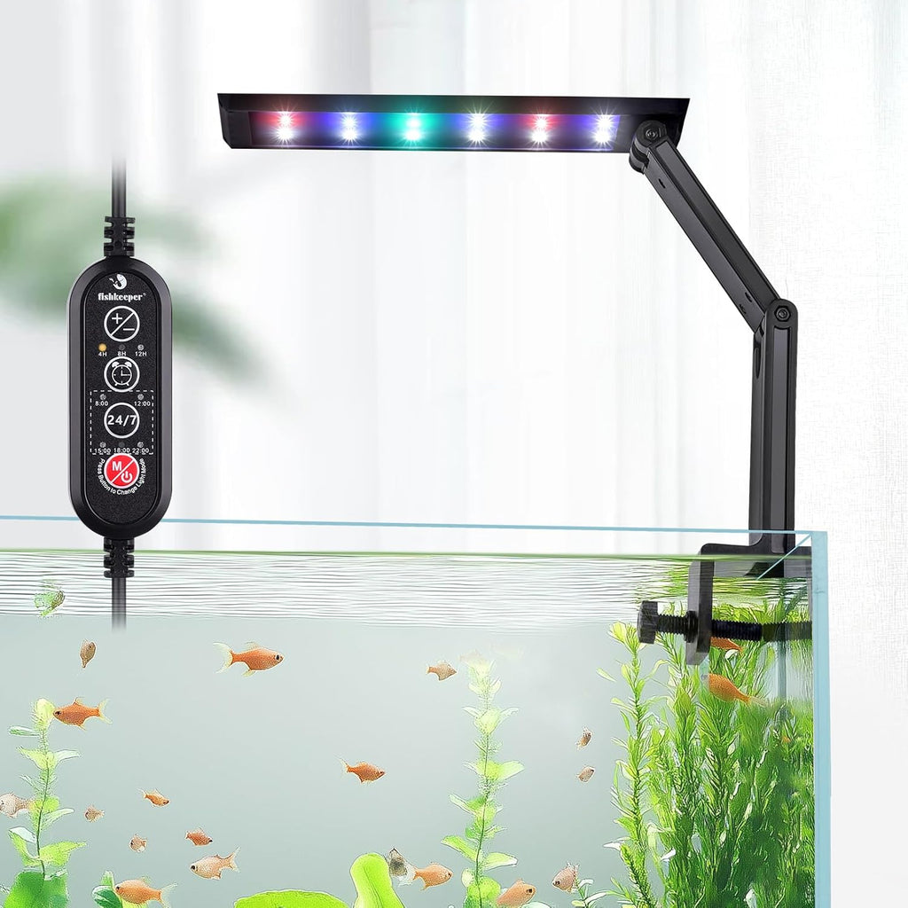 fishkeeper LED Aquarium Light - Clip On 24/7 Adjustable Aquarium Plant Light with Sunrise/Sunset Timer, 10 Brightness Levels, Auto On/Off,Full Spectrum Fish Tank Light for 1-5G Freshwater Tanks (6W)