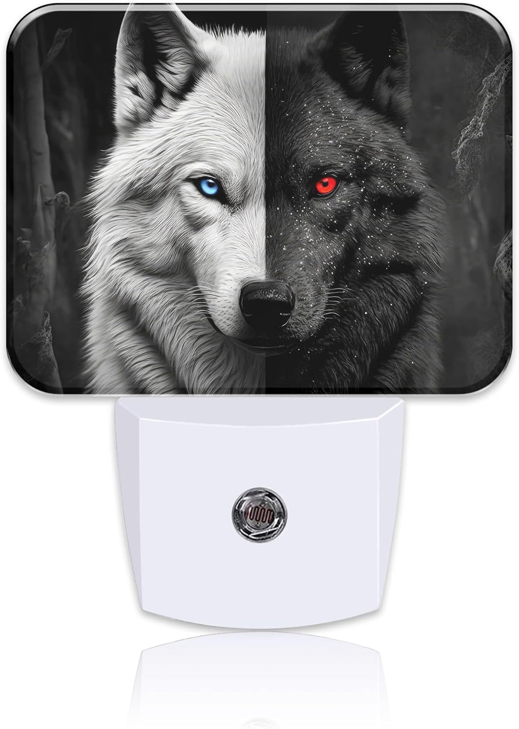 Black White Wolf Night Light for Kids Girls Boys, Red Blue Eyes Wolf LED Night Light Plug into Wall with Dusk to Dawn Sensor for Bedroom, Hallway, Kitchen, Bathroom, Stairs Decor