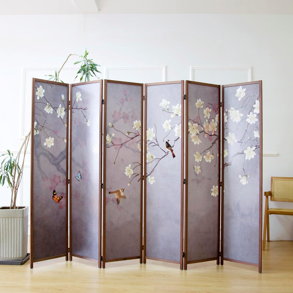 6 Panel Room Divider Screen,Double Faced Blackout Panel Divider Folding Panel Screen Divider for Room Separation,Magnolia and Plums,67" H x 94.5" W