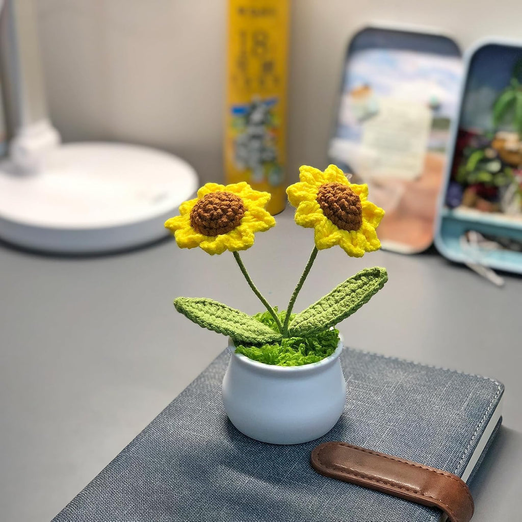 Crochet Flowers Cute Little Potted Flower, Gift for Birthday, Teacher’s Day, Graduation, Anniversary, Christmas, Decor for Car Dashboard,Home Office Decoration (Sunflower)