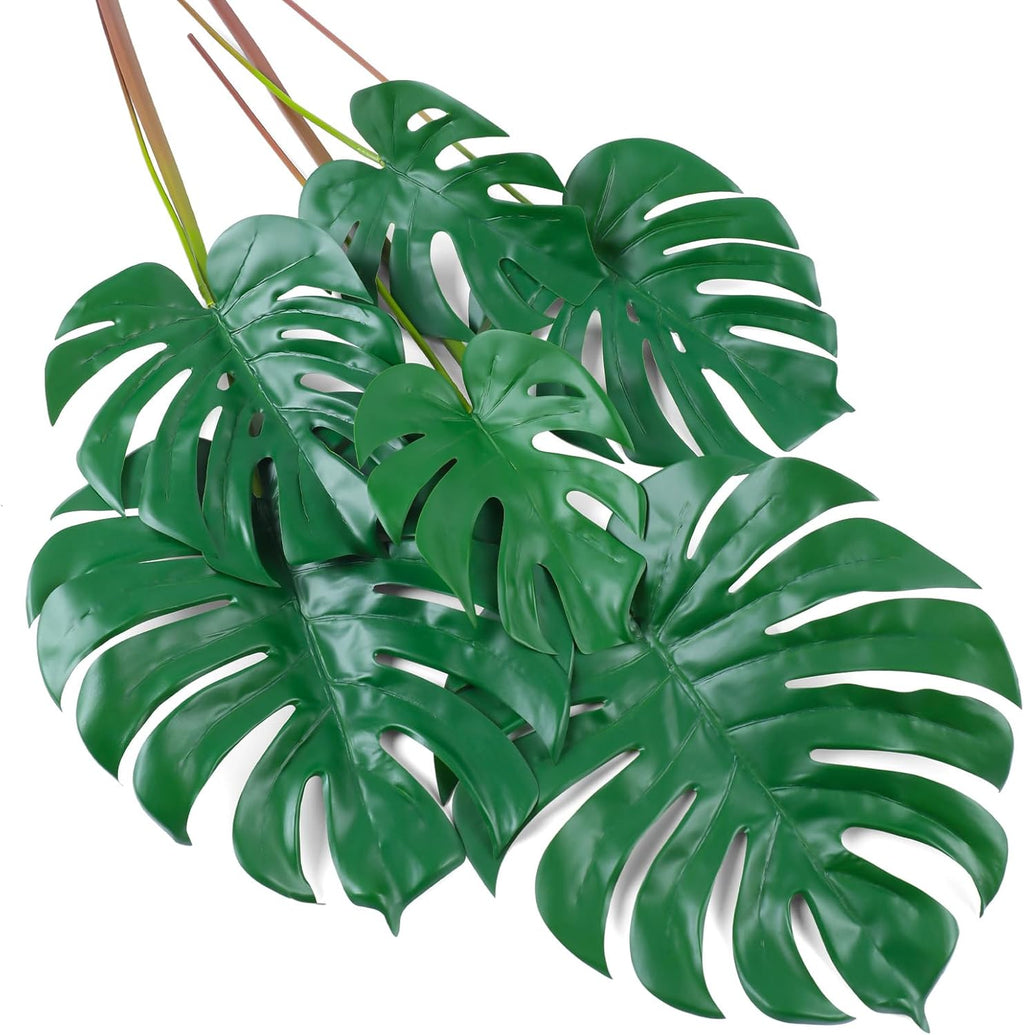 6pcs Artificial Monstera Leaves with Long Stem,Fake Tropical Palm Leaves for Hawaiian Luau Jungle Party Home Wedding Decor (Mix- S | M | L)