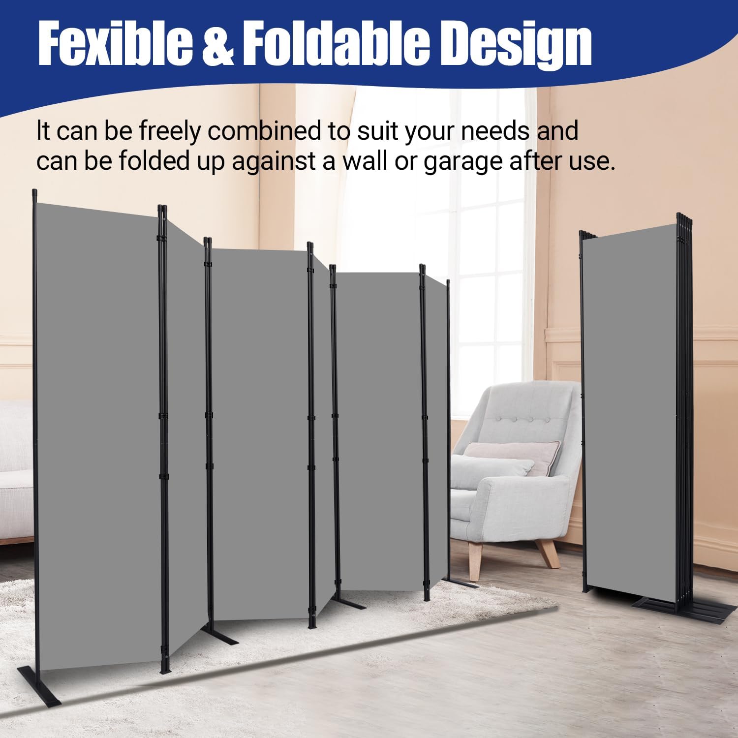 Room Divider and Folding Privacy Screens 6 Panel, 11 Ft Wide Room Partitions Dividers, Portable Room Divider Screen for Room Separtition, Folding Wall Dividers for Home, Office, Bedroom, Studio Grey