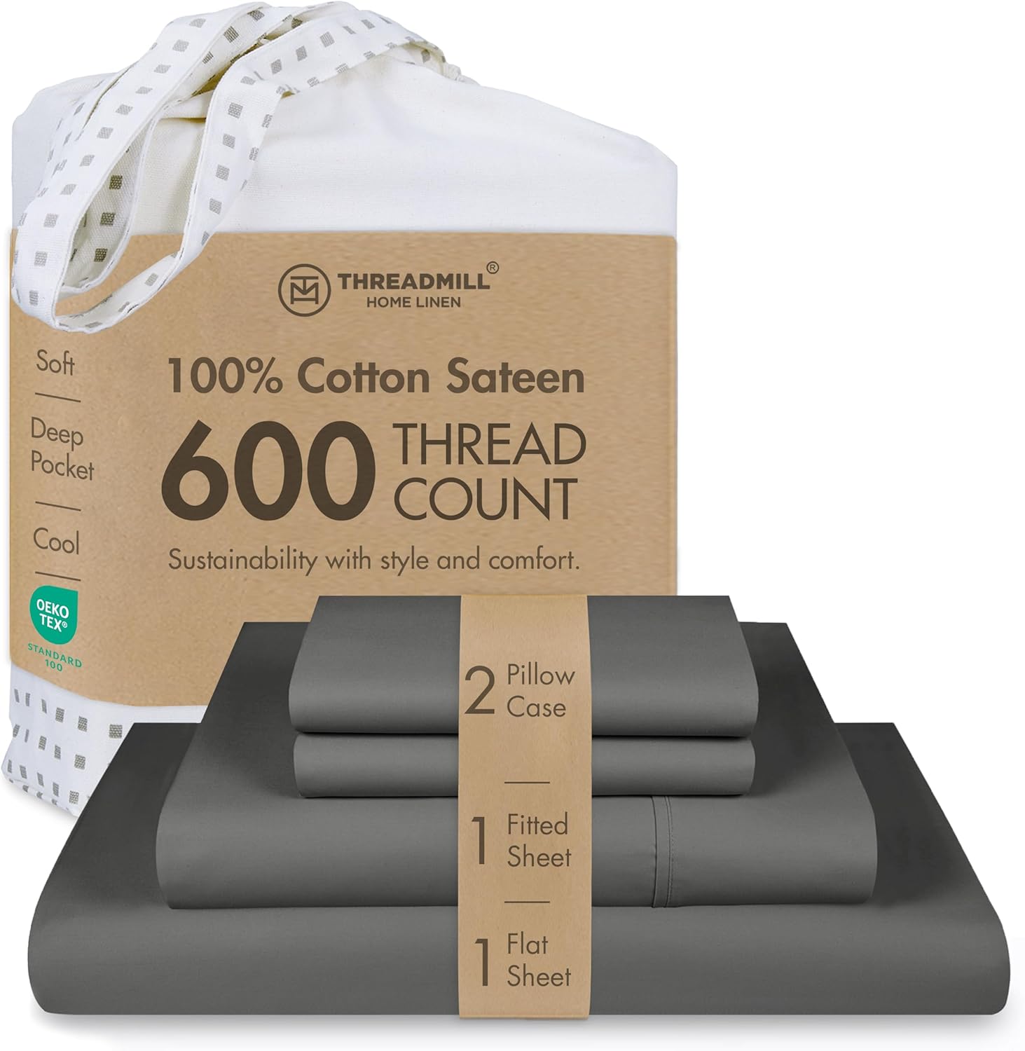 Threadmill 100% Cotton Sheets for King Size Bed - 600 Thread Count King Bed Sheets Set with 16” Deep Pocket - Sateen Weave 4-Piece Bedding Set with Cooling Effect, Dark Grey