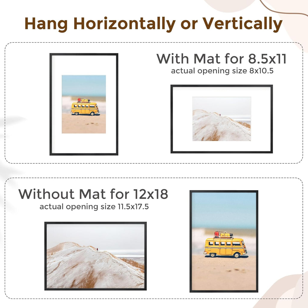 Fun Memories 12x18 Picture Frame, 12 x 18 Black Frame with Mat for 8.5x11 Photo - HD Tempered Glass - Vertical and Horizontal Display - Wall Hook Hanging Hardware Included - Set of 1