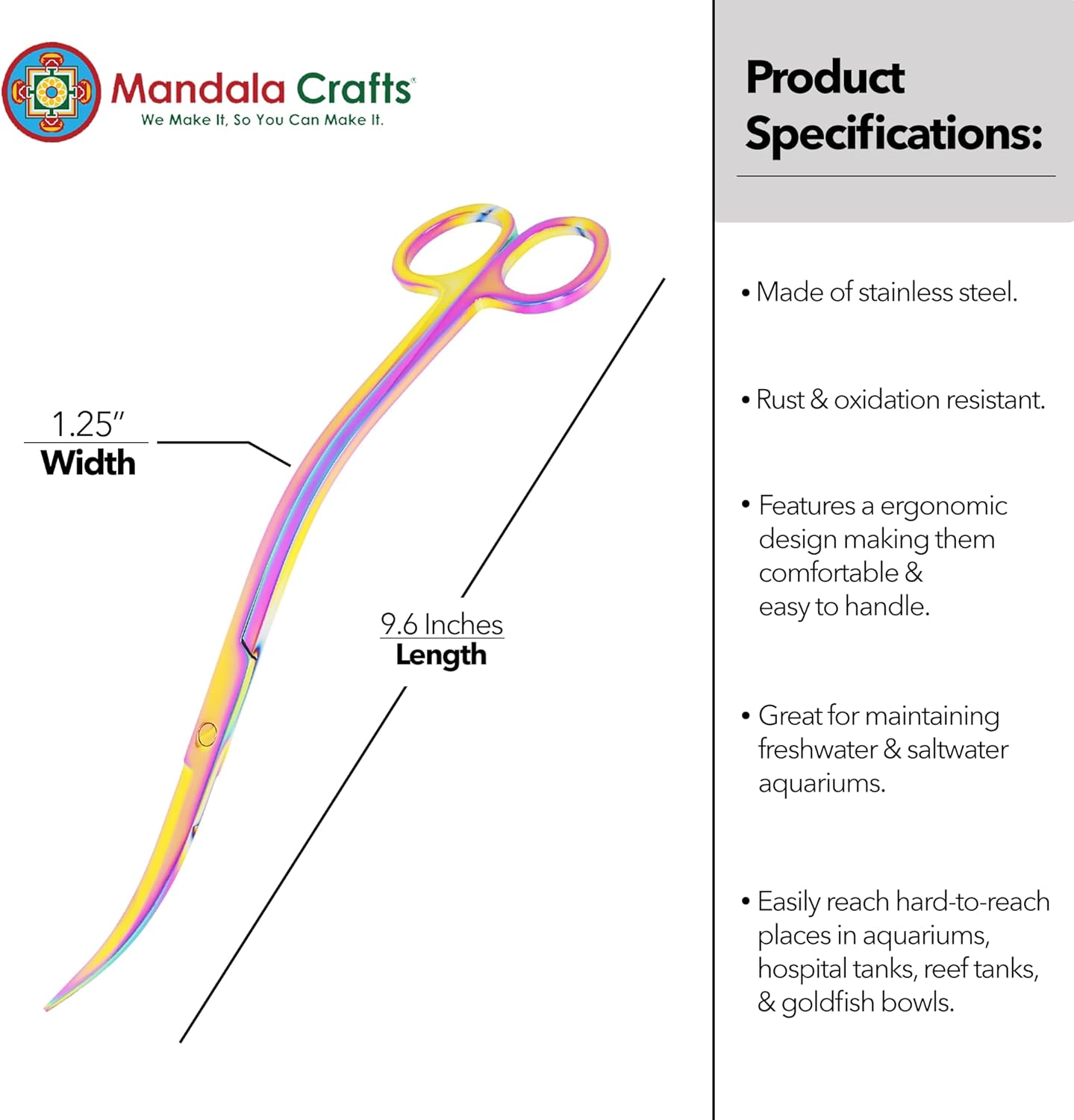 Mandala Crafts Rainbow Stainless Steel Curved Aquarium Scissors for Trimming Aquatic Plants – Wave Aquascape Scissors for Fish Tanks, Hospital Tanks, Goldfish Bowls, Aquariums, and Terrariums