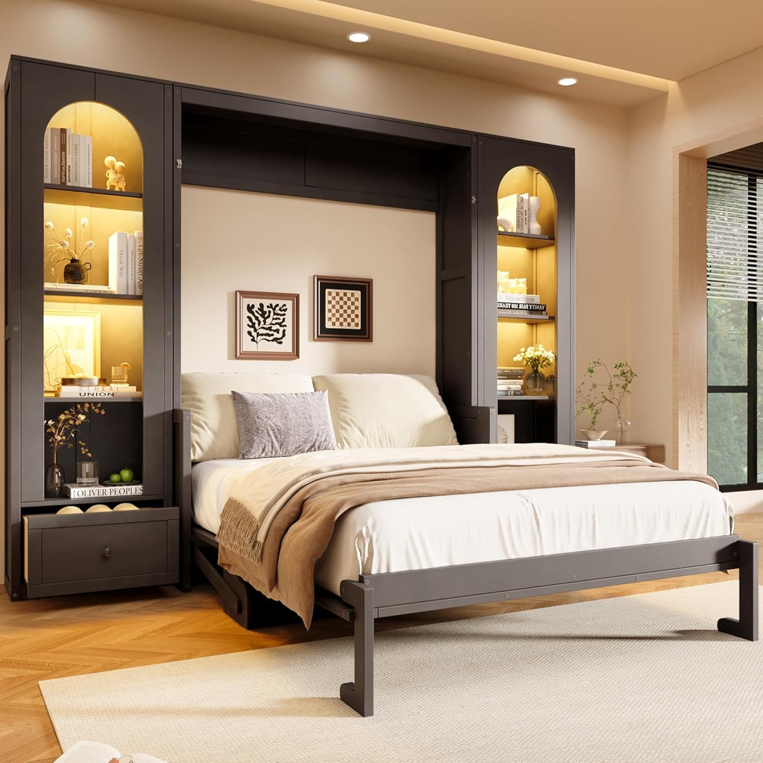 MERITLINE Queen Murphy Bed with Desk and Storage & LED Light, Solid Wood Hideaway Murphy Wall Bed with Storage Bookcase Shelves and Drawers for Adults