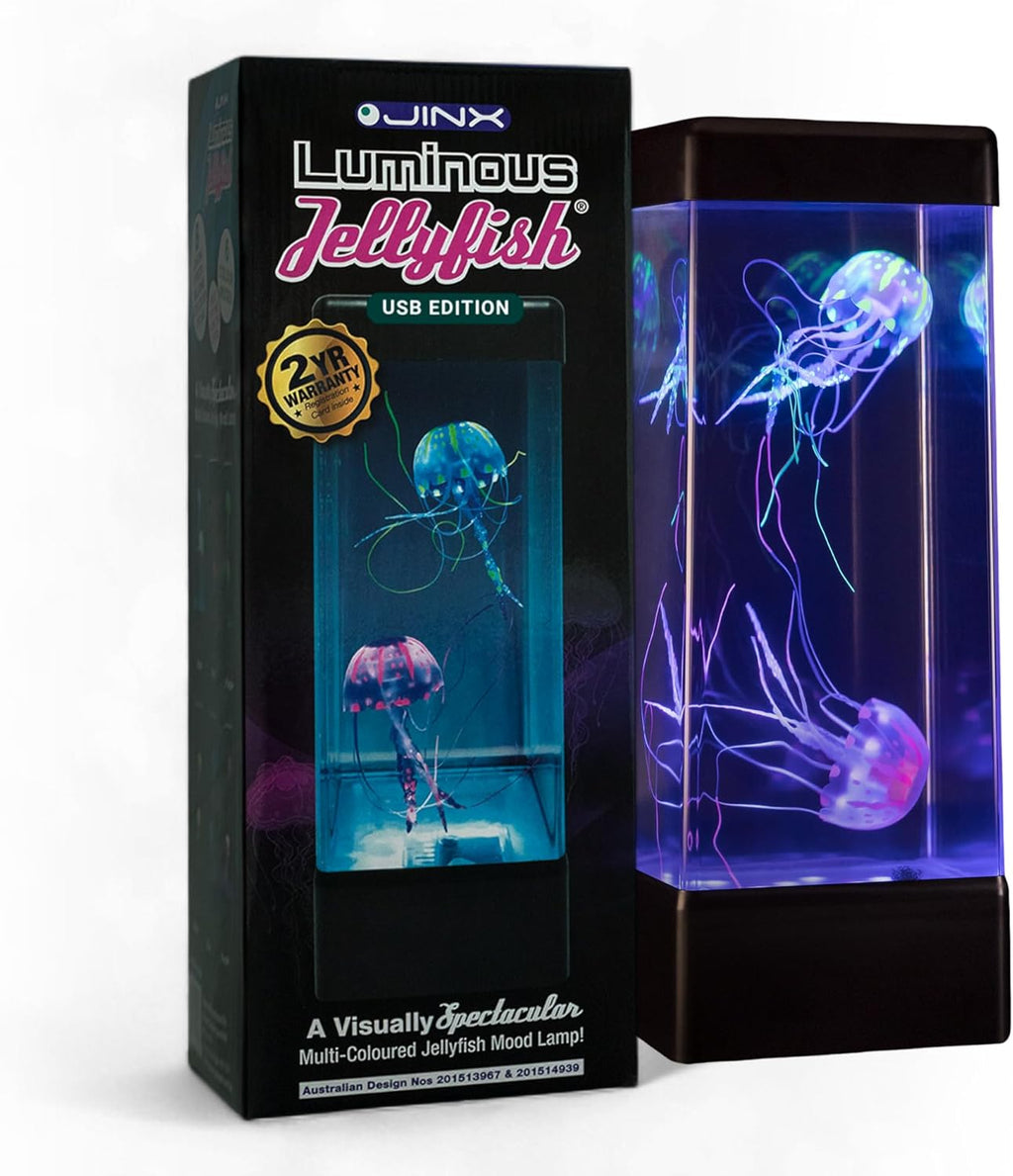 JINX LUMINOUS JELLYFISH Premium Large Lamp – 14" LED Aquarium Mood Light with Realistic Floating Jellyfish – USB Powered Lava Lamp Alternative with Color-Changing Ocean Lighting