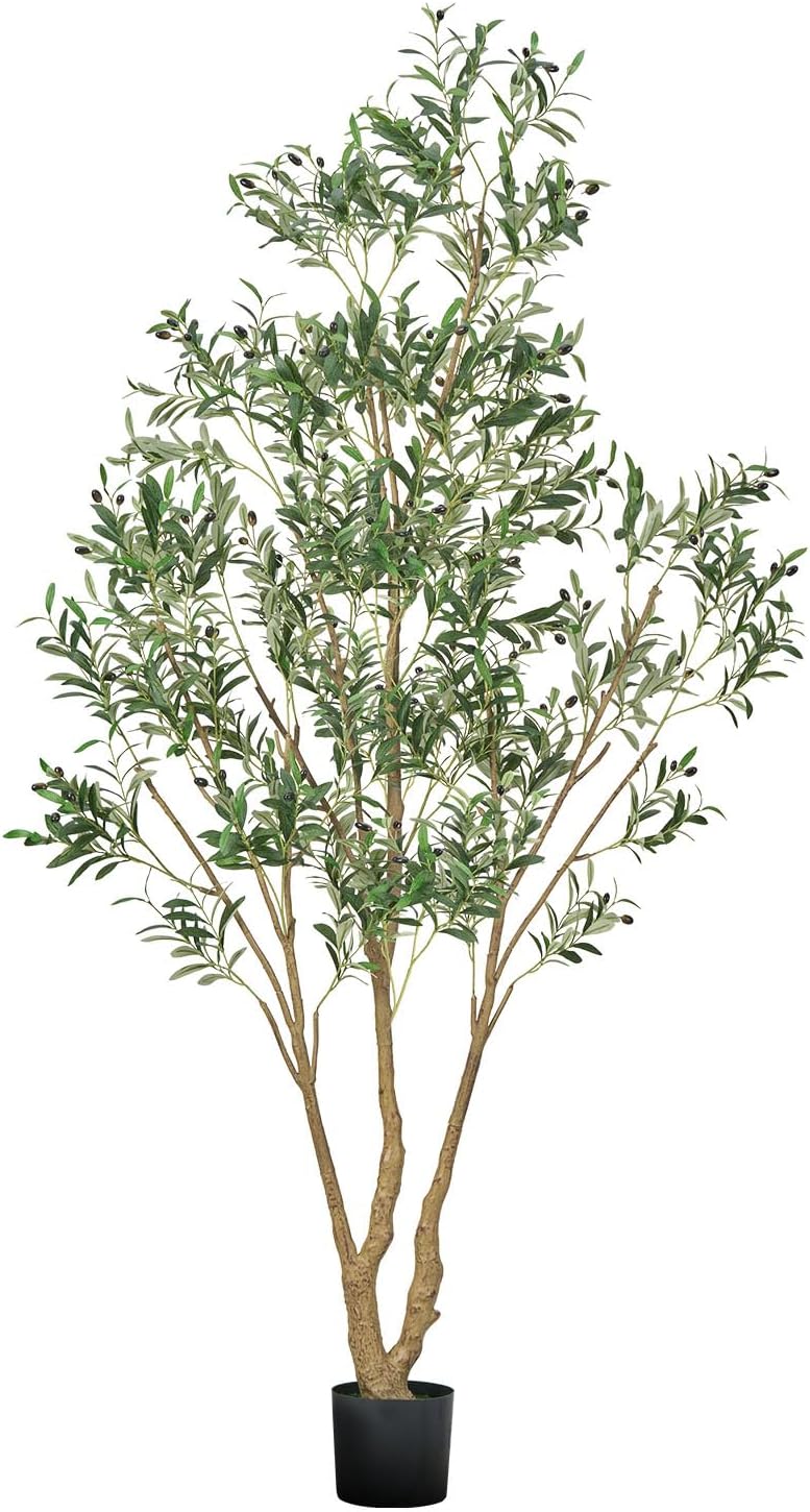 VEVOR 8FT Artificial Olive Tree with Black Pot, Tall Fake Tree with Natural Wood Trunk & Realistic Green Leaves and Fruits, Indoor Faux Plant for Home, Office, Living Room, Corner Decor