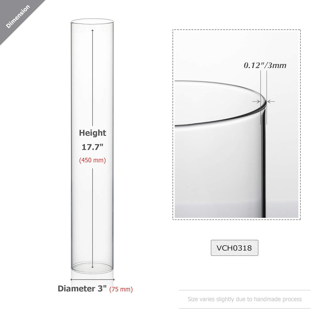 WGVI Hurricane Candle Holder Sleeve, Wide 3", Height 18", Clear Glass Cylinder Candleholder, Chimney Tube, Open Ended Candle Shade, 1 Piece