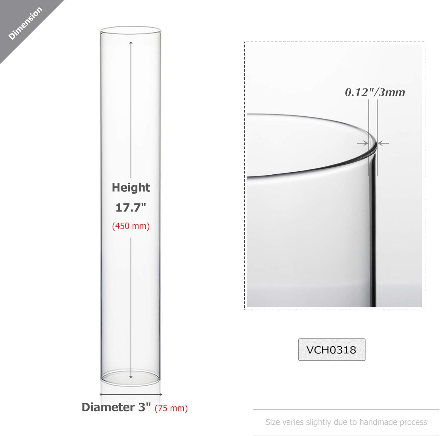 WGVI Hurricane Candle Holder Sleeve, Wide 3", Height 18", Clear Glass Cylinder Candleholder, Chimney Tube, Open Ended Candle Shade, 1 Piece