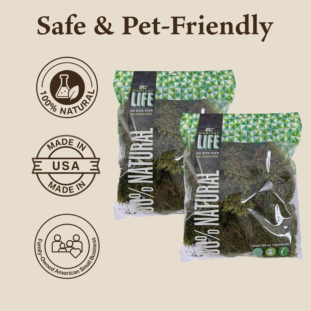 The Habitat Life - Natural Mood Moss - for Reptiles, Amphibians & Invertebrates Terrariums - Moisture-Retaining - Humidity Control - Soft Bedding - Dye-Free & Safe - Medium - 2 Pack