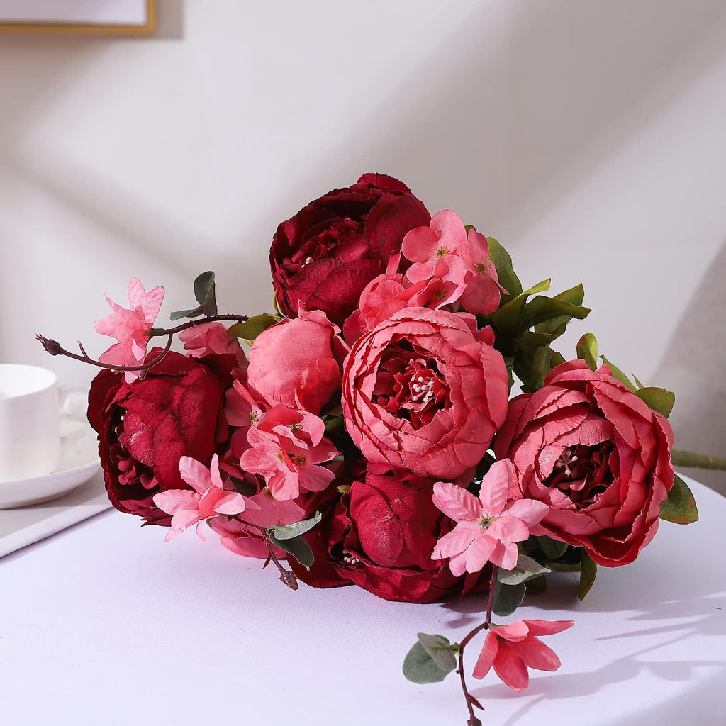 Duovlo Fake Flowers Vintage Artificial Peony Silk Flowers Wedding Home Decoration,Pack of 1 (New Red)