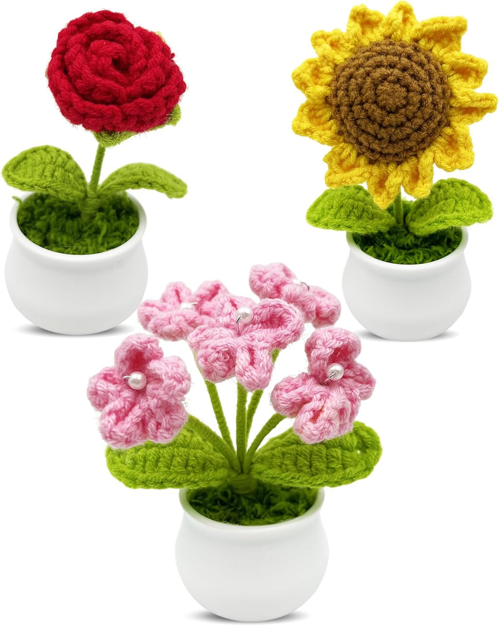 3pcs Crochet Flowers Cute Potted Flower,Mini Flower Bouquet for Mom Wife, Cute Desk Decor for Women,Artificial Handmade Flowers for Car Dashboard,Home Office Decoration (Color#4)